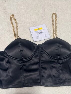 Love By Design Black Satin Bustier Tank Top with Gold Chain Straps